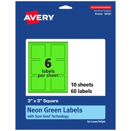 Avery Printable Square Labels, Sure Feed Technology, 3" x 3", Neon Green Labels, Print-to-The-Edge, Laser/Inkjet Printable, 60 Total, Great for Jars and Packaging