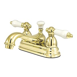 Kingston Brass KS3602PL Restoration 4-Inch Centerset Lavatory Faucet with Porcelain Lever Handle, Polished Brass