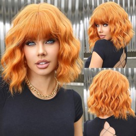 Pelucas Bob Cortas Onduladas Claro con Flequillo Peluca al Hombro Rizada y Ondulada Pelucas Cosplay de Sintético para Mujer (Naranja)