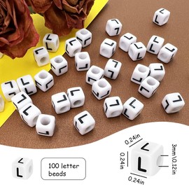 MIIIM 100pcs Pony Beads Letter L for Keychains Making, 6x6mm Large Hole Square Letter Beads for Bracelets Making, Alphabets, Numbers (White and Black)