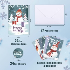 NESCCI 24 PCS Snowman Christmas Cards,Christmas Cards With Envelopes and Stickers,4x6 Inches,6 Different Designs of Snowman Greeting Cards,Cute Snowman Greetings, Kids Holiday Card