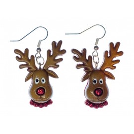 Miniblings Rentier Ohrringe Weihnachten Weihnachtsmann Elch Kopf braun rote Nase - Handmade Modeschmuck I Ohrhänger Ohrschmuck versilbert