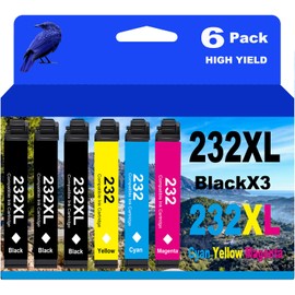 232XL Ink Remanufactured for Epson 232XL Ink Cartridges Combo Pack 232 XL T232 XL for XP-4200 XP-4205 Workforce WF-2930 WF-2950 Printer 6 Pack 3 Black 1 Cyan 1 Magenta 1 Yellow