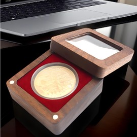 Coin Storage Box | Single Walnut Clear Top Coin Display Box - Portable Holders Trays Badge Storage Case for Family Friends Colleagues Birthday