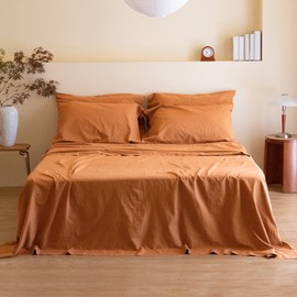 Simple&Opulence Belgian Linen Sheet Set Solid Color - 6 Pieces (1 Flat Sheet & 1 Fitted Sheet & 4 Pillowcases) 16" Deep Pocket Natural Flax Cotton Blended Soft Bedding - Rust, Queen Size