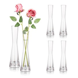 Hewory Glass Bud Vases for Centerpieces Set of 6, Handmade Modern Clear Small Skinny Decorative Single Flower Vase, Minimalist Slim Floral Vase for Home Wedding Party Events Table Decor, 7.87"
