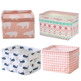 4 Pack Storage Baskets, Collapsible Mini Storage Boxes, Canvas Square Baskets Fabric Storage Bins, Waterproof Cotton & Linen for Desk Storage & Household Organizer Toys Bathroom (Style A Set E)