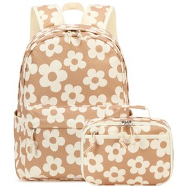 LEDAOU Kids School Backpack with Lunch Box for Boy Girl Toddler BookBag School Bag Preschool Kindergarten Backpack (Flower Brown)