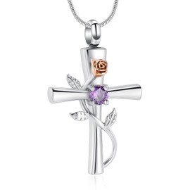 Minicremation Cross Urn Necklace for Ashes Birthstone Rose Flower Cremation Jewellery for Women Gilrs Keepsake Memorial Ash Pendant, Cubic Zirconia Stainless Steel Stone, Diamond Zircon Amber
