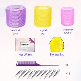 38 Pcs Hair Rollers set, Self-Grip Hair Curlers for Long Medium Short Hair, Jumbo Large Hair Rollers,18 Velcro Rollers &18 Metal Clips & 1 Comb & 1 Storage Bag, Gift Pack (3 sizes 2.5"/2"/1.5")