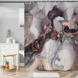 ASDCXZ Marble Shower Curtain, Black Gold, 180 x 200 cm, Modern Abstract Grey Black Gold Marble Look Texture Washable Shower Curtains Polyester Textile Waterproof Shower Curtain for Bathtub with 12