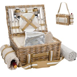 G GOOD GAIN Picnic Basket for 2-19Pcs Wicker Picnic Set with Waterproof Blanket & Wine Bag| Large Picnic Hamper with Insulated Cooler & Cutlery Kit for Couples Camping,White Flower,15x10.6x7.5inch