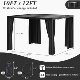 Kimunuk Gazebo Universal Replacement Privacy Curtain,10'X12' Gazebo Outdoor Waterproof Curtains, 4-Panels Sidewall Curtains with Double Zipper for Patio, Garden and Backyard (Only Curtains, Black)