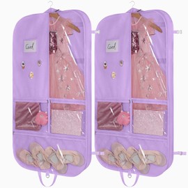 Kntiwiwo 2-Pack Dance Costume Garment Bag, 40" Dance Costume Bag for Hanging Storage with 3 Clear Zippered Medium Pockets and 2 Back Zippered Pockets and 1 xPendant, 3 x Badge (Purple)