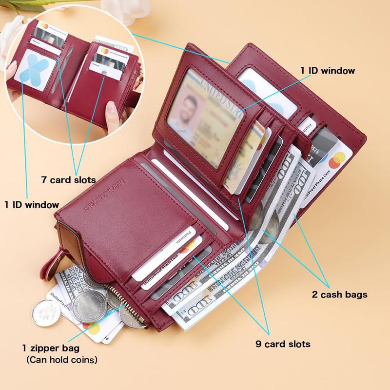 Noble and elegant women's leather wallet, sequins, detachable ID card