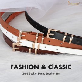 JASGOOD 4 Pack Women Skinny PU Leather Belts Solid Color Leopard Fashion Thin Waist Belts with Gold Buckle for Jeans Pants(F-Black+Drak Brown+Dark Coffee+White,Fit waist size 30"-34")