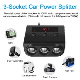 Car Chargers 100W High Power Charging Adapter 3-Socket Power Splitter 12/24V with 4 USB Ports LED Voltage Display On-Off Switch for Car Truck SUV