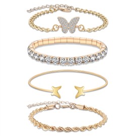 USEEDOVIA 4 Pcs Gold Chain Bracelet Set for Women Grils,14K Gold Plated Stainless Steel Stacking Bracelets Rope Cuban Figaro Bead Twist Chain Link Charm Adjustable Bracelets Jewellery Gifts