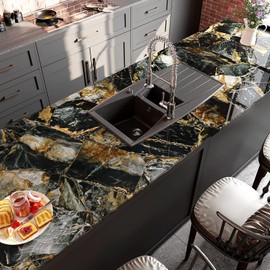 VEELIKE 15.7''x118'' Glossy Slate Gold Marble Countertop Contact Paper Waterproof Marble Wallpaper Peel and Stick Countertops for Kitchen Counter Top Covers Self Adhesive Vinyl for Bathroom Counter