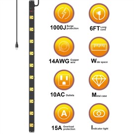 10 Outlet Surge Protector, Long Metal Wide Spaced Garage Industrial Power Strip, Heavy Duty with 6 FT Cord, 15A, 125V, 1875W, 2700 Joules, 2Pack, SGS Listed
