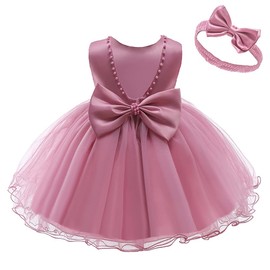 NSSMWTTC 6M-6T Baby Backless Pageant Dress Toddler Girls Tutu Gown Flower Dresses with Headwear (Dusty Pink, 12-18 Months)
