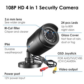 ZOSI 2.0MP 1080p 1920TVL Outdoor Indoor Security Camera,Hybrid 4-in-1 TVI/CVI/AHD/CVBS CCTV Camera,80ft IR Night Vision Weatherproof For 960H,720P,1080P,5MP,4K analog Home Surveillance DVR System