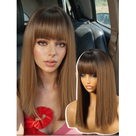 KOME Ombre Brown Bob Wig with Bangs, Short Straight Hair Wigs for Women,Synthetic Heat Resistant Natural Looking Hair Wig for Party Cosplay Dality Use 12IN