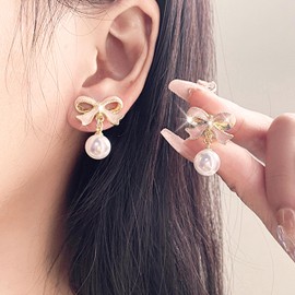 Bow Earrings for Women Trendy Gold Pearl Drop Dangle Earrings Bowknot Stud Wedding Party Daily Jewelry Accessory Gifts for Her