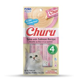 INABA Churu Cat Treats, Lickable, Squeezable Creamy Purée Cat Treat with Vitamin E, 0.5 Ounces Each Tube, 4 Tubes, Tuna with Salmon Recipe