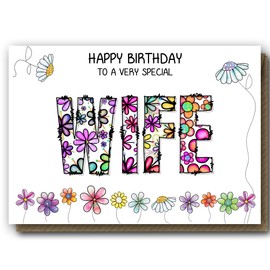 Floral Birthday Card for Special Wife � Cute Daisy Design � Flower Greeting Card for Her, Women