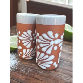Set of 2 Extra-Large Talavera Shot Glasses – 3oz Mexican Pottery with White Rim and Terracotta Base – Perfect for Tequila, Espresso, Parties, and Wedding Favors