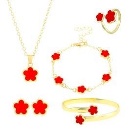 FDEETY Jewellery Set Adjustable Alloy Flower Jewellery with Earrings Necklace Bracelet Ring Pendant Party Jewellery Set for Women and Girls, Alloys