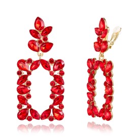 BriLove Bridal Wedding Clip-on Earrings, Art Deco Sparkly Rhinestone Marquise Teardrop Rectangle Geometric Statement Dangle Earrings for Women Ruby Color Gold-Tone