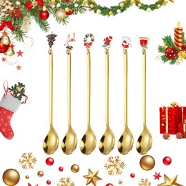 Christmas Spoons, Set of 6 Stainless Steel Spoons, Stainless Steel Coffee Spoons with Christmas Pendant, Small Home Spoon, Spoon Set, Dessert Teaspoon, Gift Box Packaging (Silver)