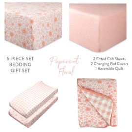HonestBaby 7-Piece and 5-Piece Sweet Dreams Nursery Gift Set 100% Organic Cotton for Infant Baby Boys, Girls, Unisex, 5-Piece Peach Skin Papercut Floral, One Size