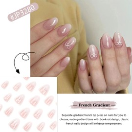French Tip False Nails - 24Pcs Short Almond Press on Nails - Nude Gradient False Nails Almond Pattern with Bowknot - Full Cover Short Fake nails Cute nails for Women Girls