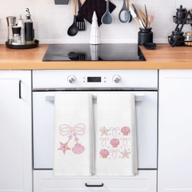 PIUD Coquette Pink Bow Coastal Beach Kitchen Dish Towels Set of 2, Girly Pink Seashell Preppy Beach Hand Towels for Bathroom Decor, Girly Coquette Bathroom Decor, 16x24 Inch