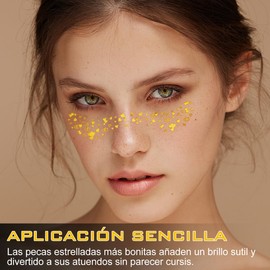 6 Piezas Corazón Tatuaje de Pecas con Purpurina Dorada, Tatuaje Temporal de Pecas con Brillo Dorado a Prueba de Agua, Tatuajes Temporales para Mujer, para Festivales, Fiestas y Carnavales (6Pcs Pecas de purpurina dorada-C)