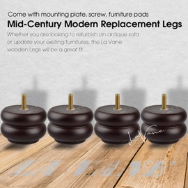 3 inch / 7cm Wooden Furniture Legs, La Vane 4PCS Dark Walnut Round M8 Soild Wood Replacement Bun Feet with Pre-Drilled 5/16 Inch Bolt & Mounting Plate & Screws for Sofa Ottoman Cabinet Table