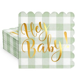 FYSUIMU 50 Pcs Baby Shower Napkins Gold Foil Hey Baby Disposable Napkins Sage Green Plaid Scalloped Cocktail Beverage Napkin for Wedding Birthday Gender Reveal Party Table Supplies, 5 x 5 Inchch