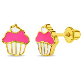 Gold Plated Pink Enamel Cupcake Screw Back Earrings for Young Girls and Teens - Pink And White Enamel Cupcake Earrings with Screw Backs For Girls - Sweet Cupcake Jewelry Gift for Children