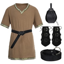 Men's Renaissance Costume Set Medieval Viking Tunic (Brown, X-Large)
