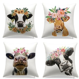 YCHZ Decorative Cow Throw Pillow Cases 18x18 inch Animal Pillow Cover Set of 4 Watercolor Linen Pillow Covers,Farmhouse Home Decor Cow Cushion Covers with Hidden Zipper for Sofa Couch Bedroom (Cow)
