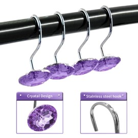 Gibelle Shower Curtain Hooks, Diamond Shaped Shower Curtain Rings Hooks for Bathroom Curtains Rod, Acrylic Decorative Rhinestones Bling Rolling Bathroom Accessories Set of 12, Purple
