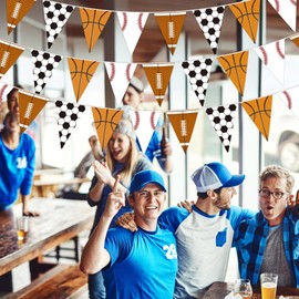 MARFOREVER 39.8 Ft Sport Party Banner Decorations, 48 Pcs Pre-Strung Football Basketball Soccer Baseball Triangle Flag Background Hanging Paper Banner Flags for Sports Supplies Birthday Party Decoration