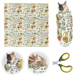aeloer Cat Grooming Wrap with Cat Nail Clipper(27.6"x27.6"), Cat Restraint Wrap for Cutting Nails Anti Scratch/Bite/Escape, Large Cat Swaddle Wrap, Cat Grooming Supplies