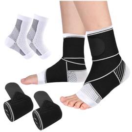 Tobilleras Elastica para Esguince, 1 par Tobilleras Deportivas Ajustable y 1 par Calcetines de Compresion, Correa Elástica de Protección para Hombre y Mujer, Fitness, Correr
