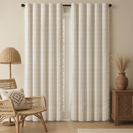 Boho Blackout Plaid Curtains Beige 2 Panels Curtains 84 Inch for Living Room, Farmhouse Linen Tassels Two Pages curtains Cotton Embroidery for Bedroom Rod Pocket Drapes Vintage Rustic Western Window