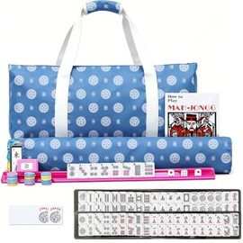 Ploomi American Mahjong - Juego de azulejos de 166 azulejos blancos, 4 estantes y empujadores de colores, juego completo de mahjong occidental con bolsa de transporte azul para principiantes y