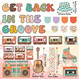 FYSUIMU 86Pcs Music Retro Bulletin Board Decor Set Guitar Boombox Cassette Tapes Checkered Plaid Paper Cutouts with 160Pcs Glue Points for Back to School Classroom Party